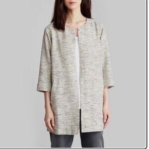 Eileen Fisher Tweed Collarless 3/4 Sleeve Snap Jacket SZ Large Grey White Black